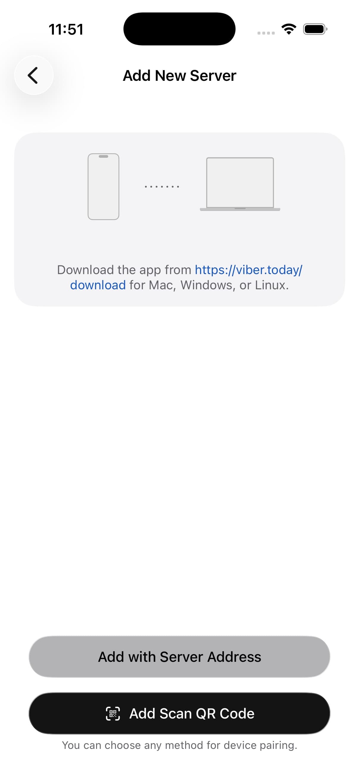 Viber Today iOS Add New Server screen with address and QR options