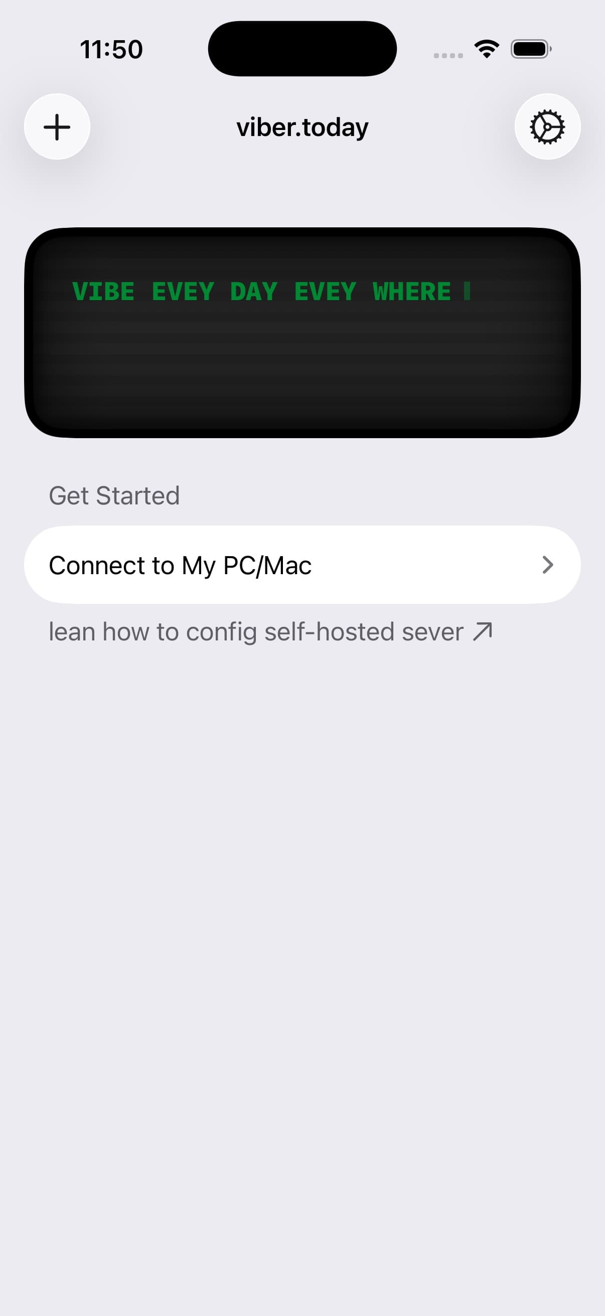 Viber Today iOS empty home screen with Connect to My PC or Mac button