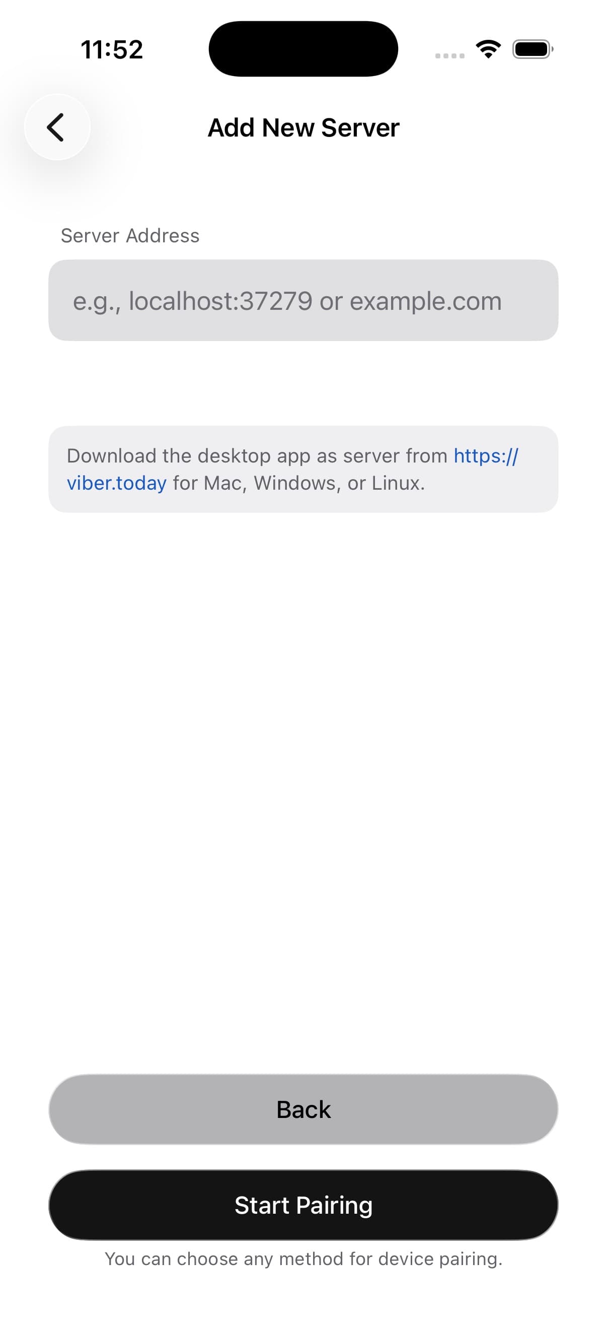 Viber Today iOS manual server address pairing screen